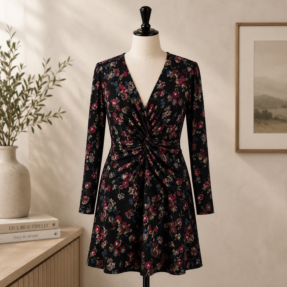 Lauren Ralph Lauren Floral Dress Womens 6 Black Romantic Twist Front V-Neck Knit